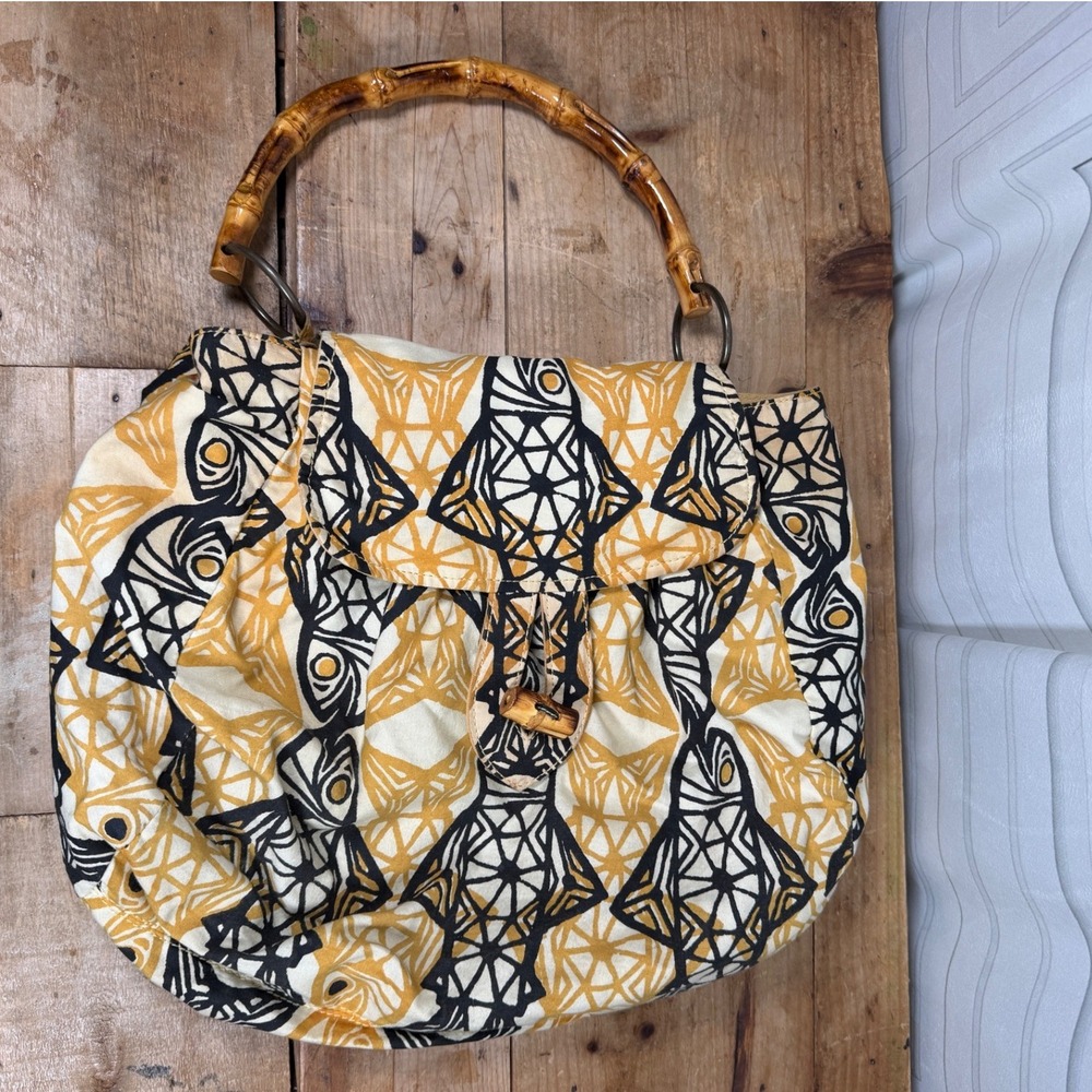 Anthropologie C. Kerr Ltd Ed Bamboo Handle Fish Print Canvas Boho Tote Bag 9/100